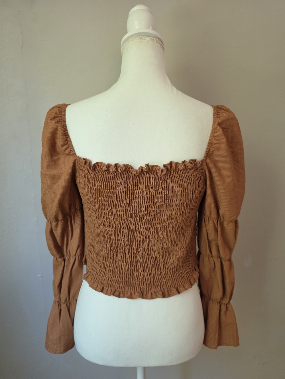 Smocked Square-Neck Crop Top in Caramel - Picture 4 of 9